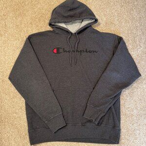 Men's Large Champion Gray Hoodie Sweatshirt Kangaroo Pocket Cotton Blend